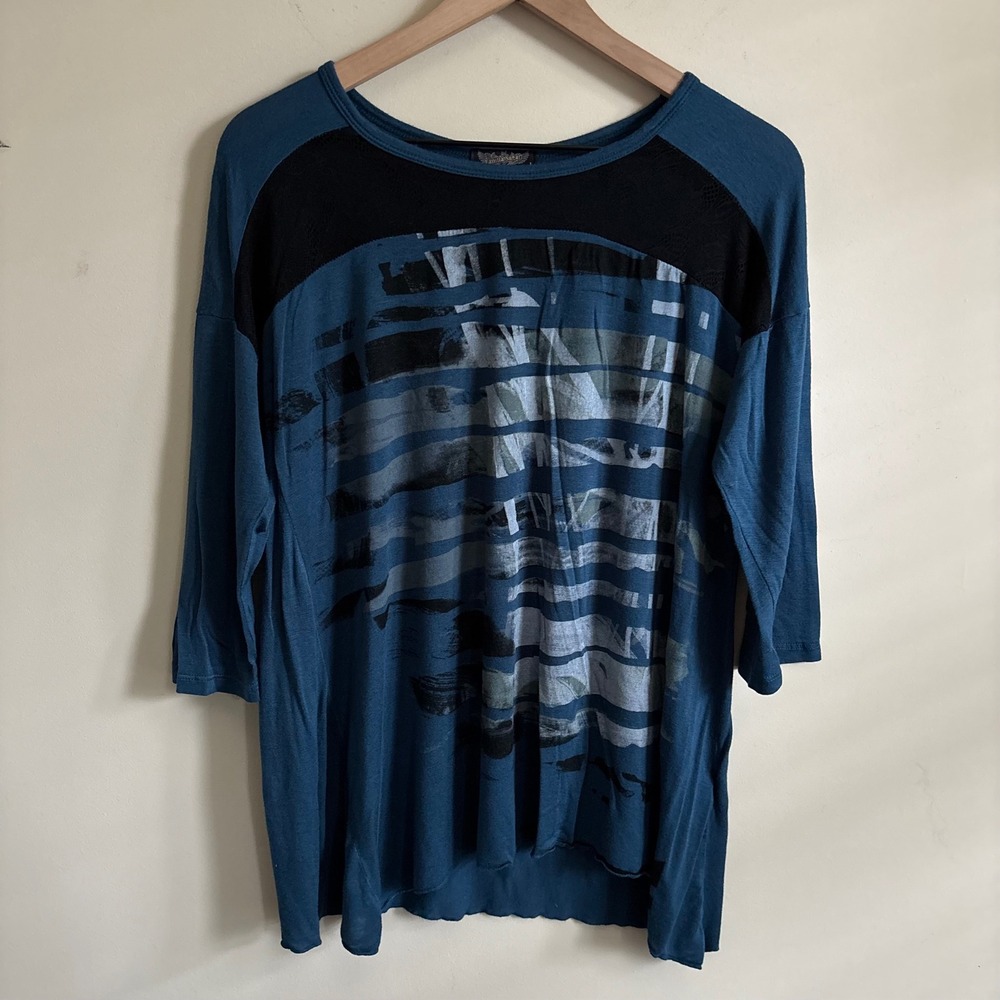 Vanilla Sugar Teal Blue Abstract Graphic Top Black Lace Yoke 3/4 Sleeve Large
